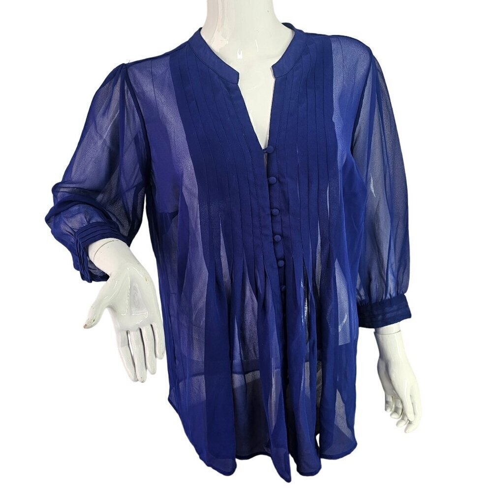 FYLO Sheer Pleated Shirt Blouse Womens M Royal Blue V Neck Covered Buttons